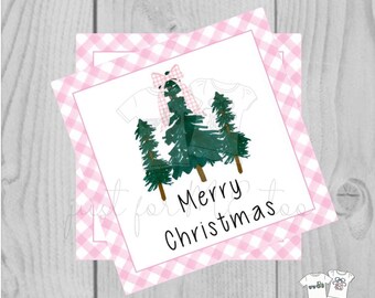 Pink Merry Christmas Printable Tag, Instant Download, Christmas Tag, Pink Gingham, Tree with Bow