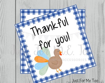 Thanksgiving Printable Tags, Instant Download, Thankful for You, Turkey Gift Tags, Printable, Thanksgiving, Royal Blue Gingham