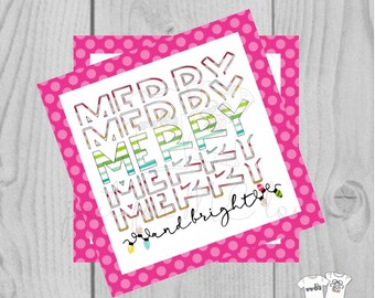 Merry & Bright Christmas Printable Tags, Instant Download, Christmas Tags, Square Gift Tags, Merry Christmas, Printable, Pink Polk dot