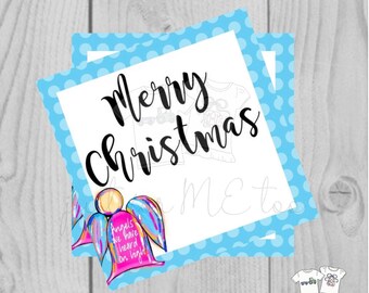Christmas Printable Tags, Instant Download, Merry Christmas Tags, Square Gift Tags, Angels we have heard on high, Pink Christmas tag, angel