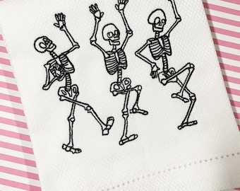 Halloween Embroidered Hand Towel, Decorative Towel, Skeleton Towel, Cotton Hand Towel, Halloween Gift, Dancing Skeletons, Skeleton Trio