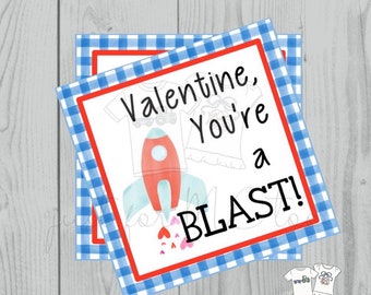Valentine Printable Tags, Instant Download, Valentine's Day Tags, Square Gift Tags, Classroom Tag, Rocket Tag, Treats, You're a Blast