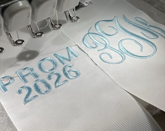 Double Tail Monogrammed Flower Bouquet Sash: Embroidered Grosgrain Ribbon, Great for Prom and Homecoming, Monogram and PROM 2026