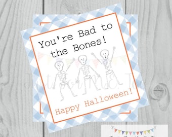 Halloween Printable Tags, Instant Download, Skeleton Tags, Square Gift Tag, Gingham, Lunchbox, Printable, Bad to the Bones