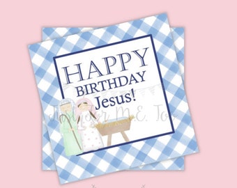 Christmas Printable Tags, Instant Download, Blue Gingham Tags, Square Gift Tags, Happy Birthday Jesus, Baby Jesus, Instant Download