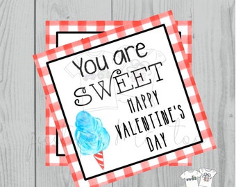 Valentine Printable Tags, Instant Download, Valentine's Day Tags, Square Gift Tags, Classroom Tag, Cotton Candy, You are Sweet