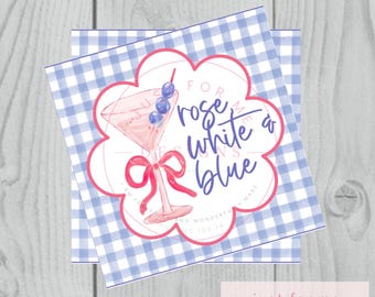 Rose White Blue Cocktail Favor Tags, Patriotic Party Drink Charms (Digital Download)