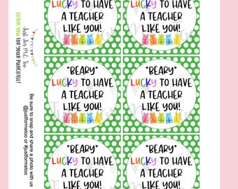 St. Patrick's Day Printable Tags, Instant Download, Pot of Gold Tags, Teacher, Shamrock, Clover, Gold, Rainbow Tag, Gummy Bears