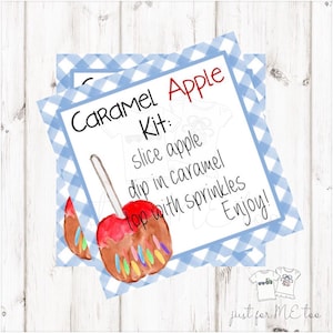 Caramel Apple Printable Tags, Caramel Apple Kit, Instant Download, Fall Tags, Teacher Tags, Lunchbox Note, Student Tag, Blue Gingham