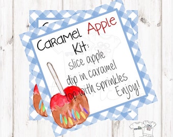 Caramel Apple Printable Tags, Caramel Apple Kit, Instant Download, Fall Tags, Teacher Tags, Lunchbox Note, Student Tag, Blue Gingham