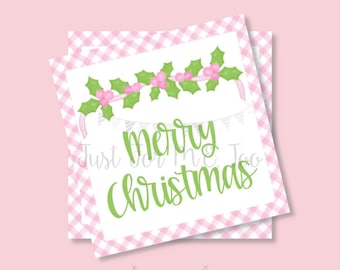 Christmas Printable Tags, Instant Download, Christmas Tags, Square Gift Tags, Merry Christmas, Pink Holly Tag, Pink Tag, Pink Christmas