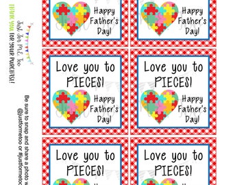 Father's Day Printable Tags, Instant Download, Father's Day Tags, Heart Tags, Classroom Tag, Puzzle Tag, Treats, Love You to Pieces, Dad