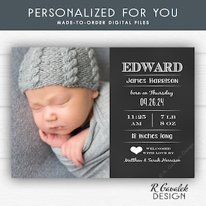 Tarjeta de anuncio de nacimiento / Imprimible personalizado / Anuncio de nacimiento de pizarra / Nacimiento de niño / Niña / Anuncio de nacimiento de foto