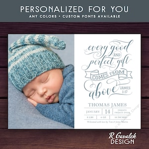 Annonce de naissance de garçon | Imprimable personnalisé | Carte photo d’annonce de naissance | Chaque cadeau bon et parfait | Annonce de naissance religieuse
