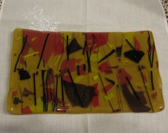 Fused Glass Dish, 4x6 inches, sushi plate or decorative, caramel/confetti