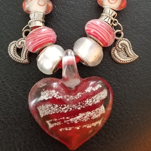 Blown Glass Heart Pendant Necklace with lampwork glass beads
