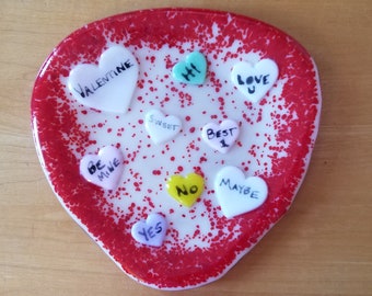 Conversation Heart fused glass candy dish