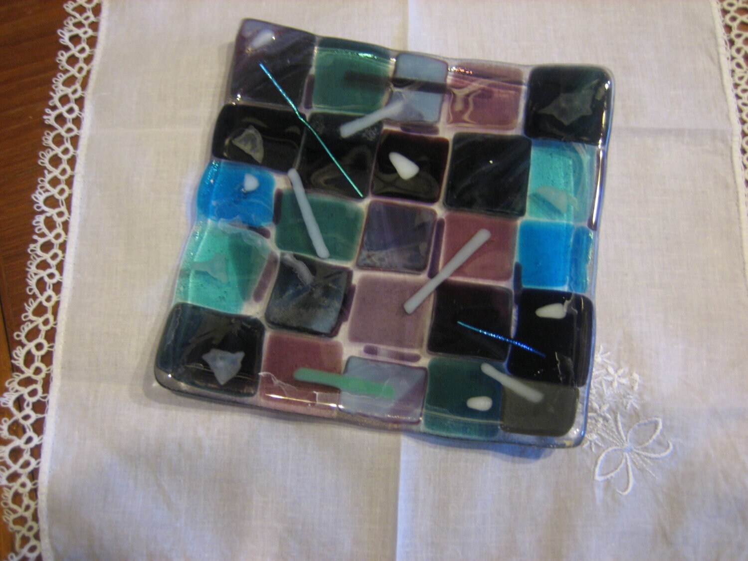 Fused Glass Dish, 5x5 inches, pillar candle base plate or decorative pin dish , purple/teal/clear