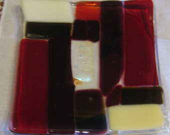 Fused Glass Dish, 5x5 inches, pillar candle base plate or pin dish, red/clear