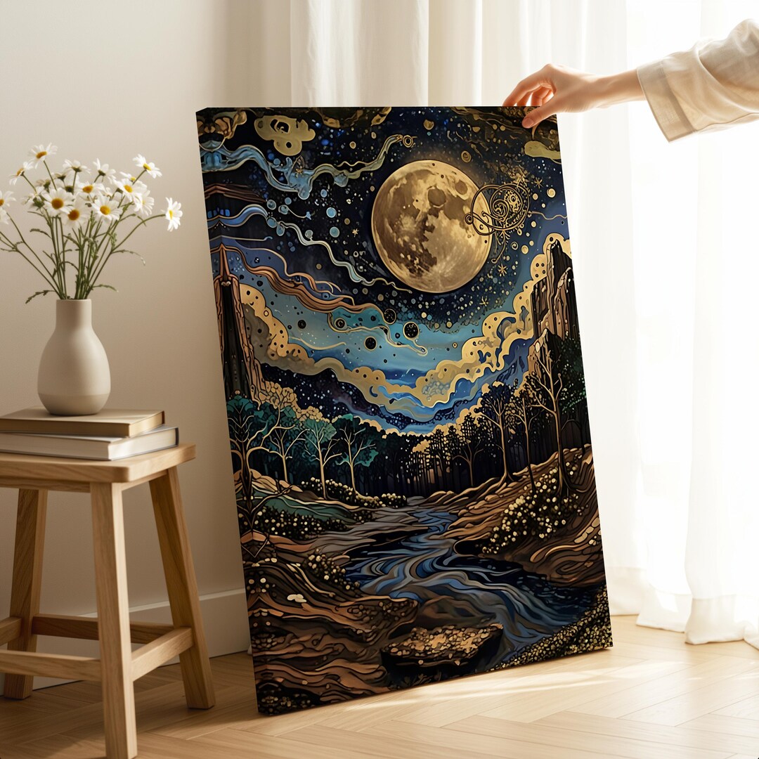 Celestial Canvas, Moon and Stars Wall Art, Cosmic Mountain Sky Print ...