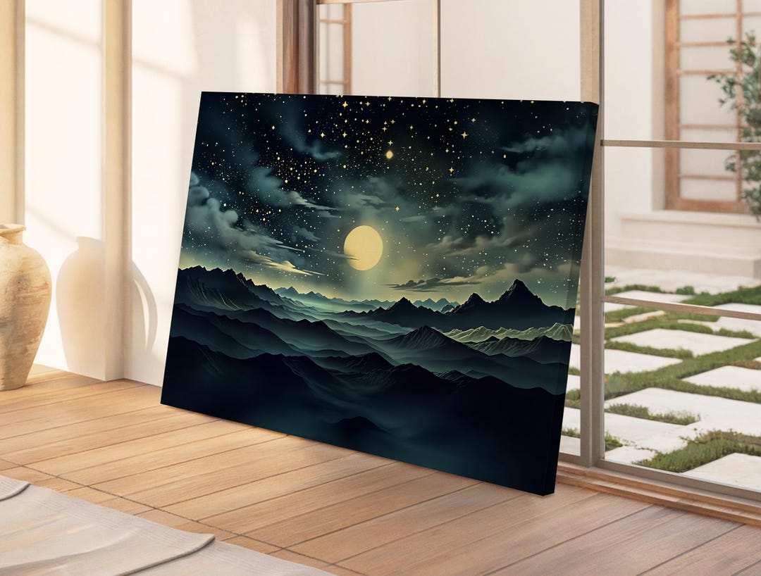 Celestial Canvas, Moon and Stars Wall Art, Cosmic Mountain Sky Print ...