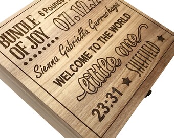 Extra Large Personalised Wooden Baby Keepsake Box. Engraved Word Art Memory Box. Unisex Box
