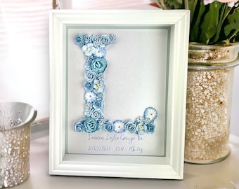 Floral Initial Framed, New Baby Gift, Pretty Personalised Gift. Bevelled Edge Frame. Personalised Bedroom Decor