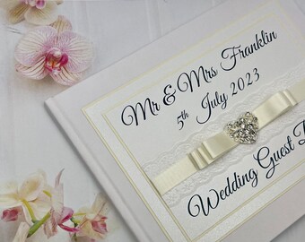 Personalised & Boxed Diamante & Pearl Wedding Guest Book 2 sizes/colours 