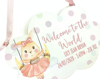 New Baby Gift, Welcome to the World, Birth Announcement Plaque/Sign. Sweet Bunny