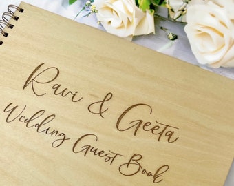 Large Wooden Wedding Guest Book, Engraved. Personalised A4 size with Presentation box