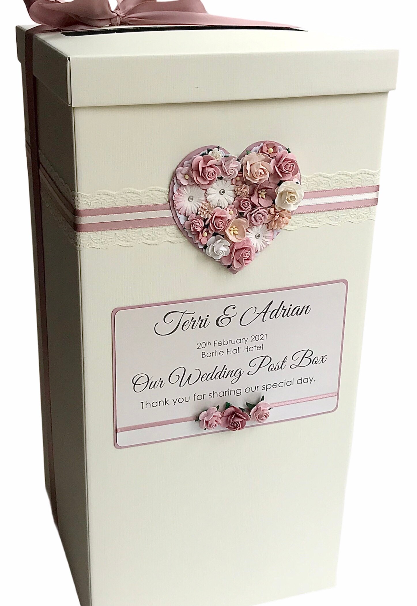 Personalised Wedding Post Box Vintage Lace & Rustic Floral Heart Various Colours 