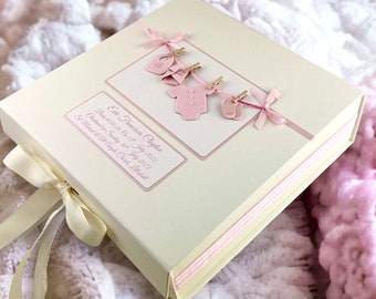 Large Personalised Baby/Christening Keepsake Box (Mini clothes line) Blue, Pink, White or Ivory