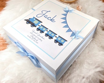 Extra Large Personalised Baby Boy's Keepsake Box/ Christening Gift. Train Design Keepsake Box