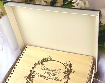 Large Wooden Wedding Guest Book, Engraved. Personalised Guest Book, A4 size with Presentation box