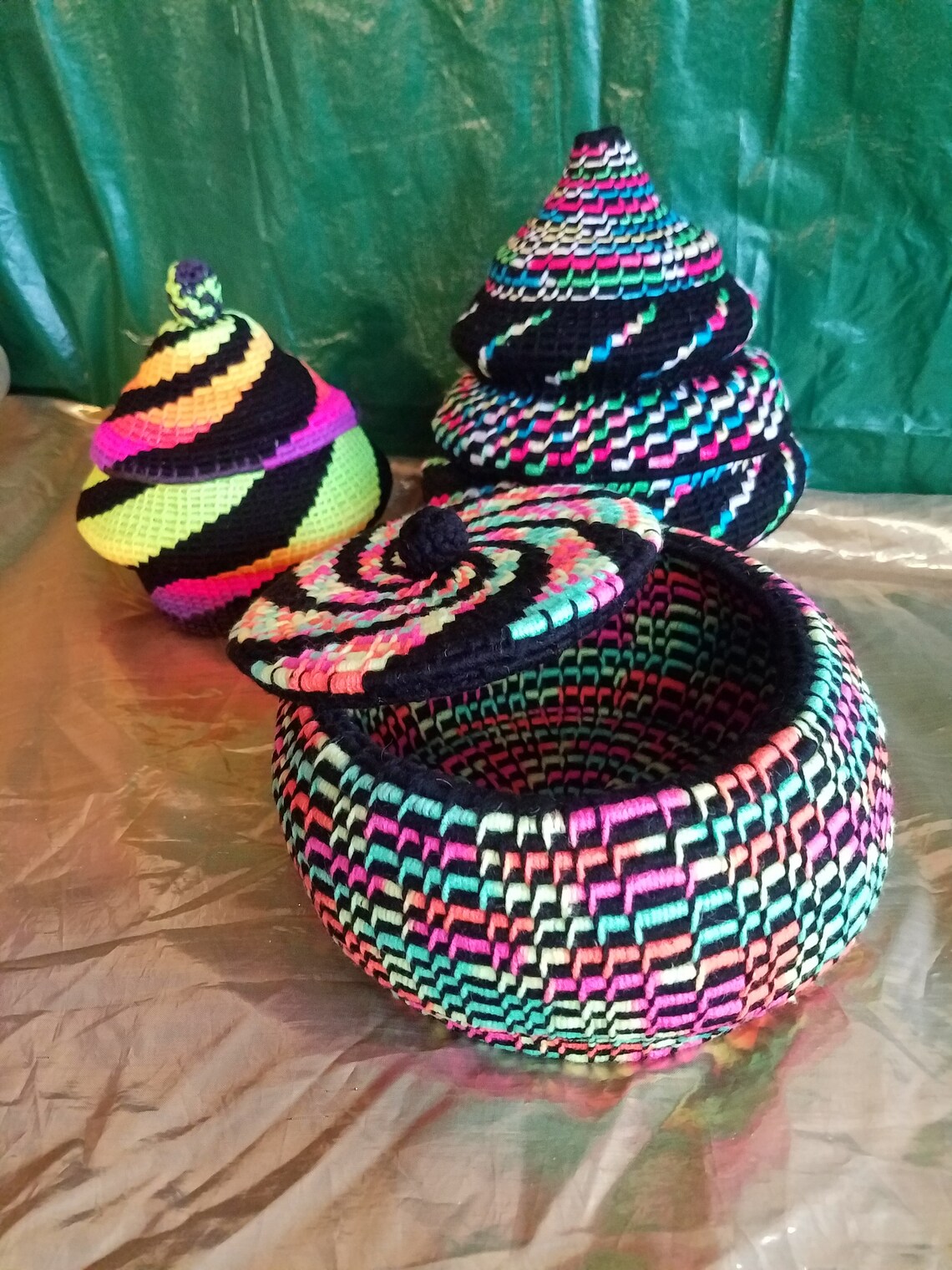 Large Yarn coiled Basket with Lid Neon Jute Rope Etsy