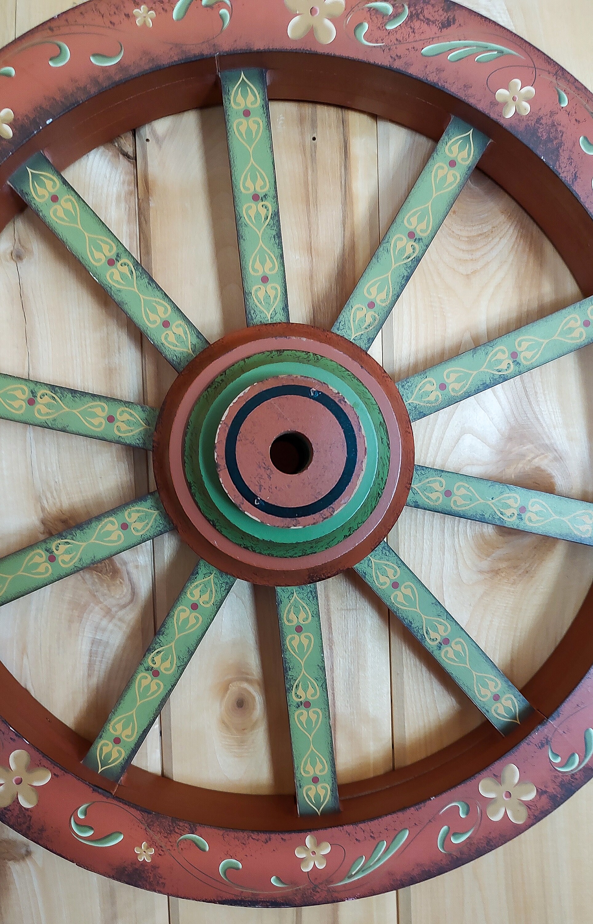 Distressed Wood Wall Decor Painted Wagon Wheel Orange Green Floral Etsy