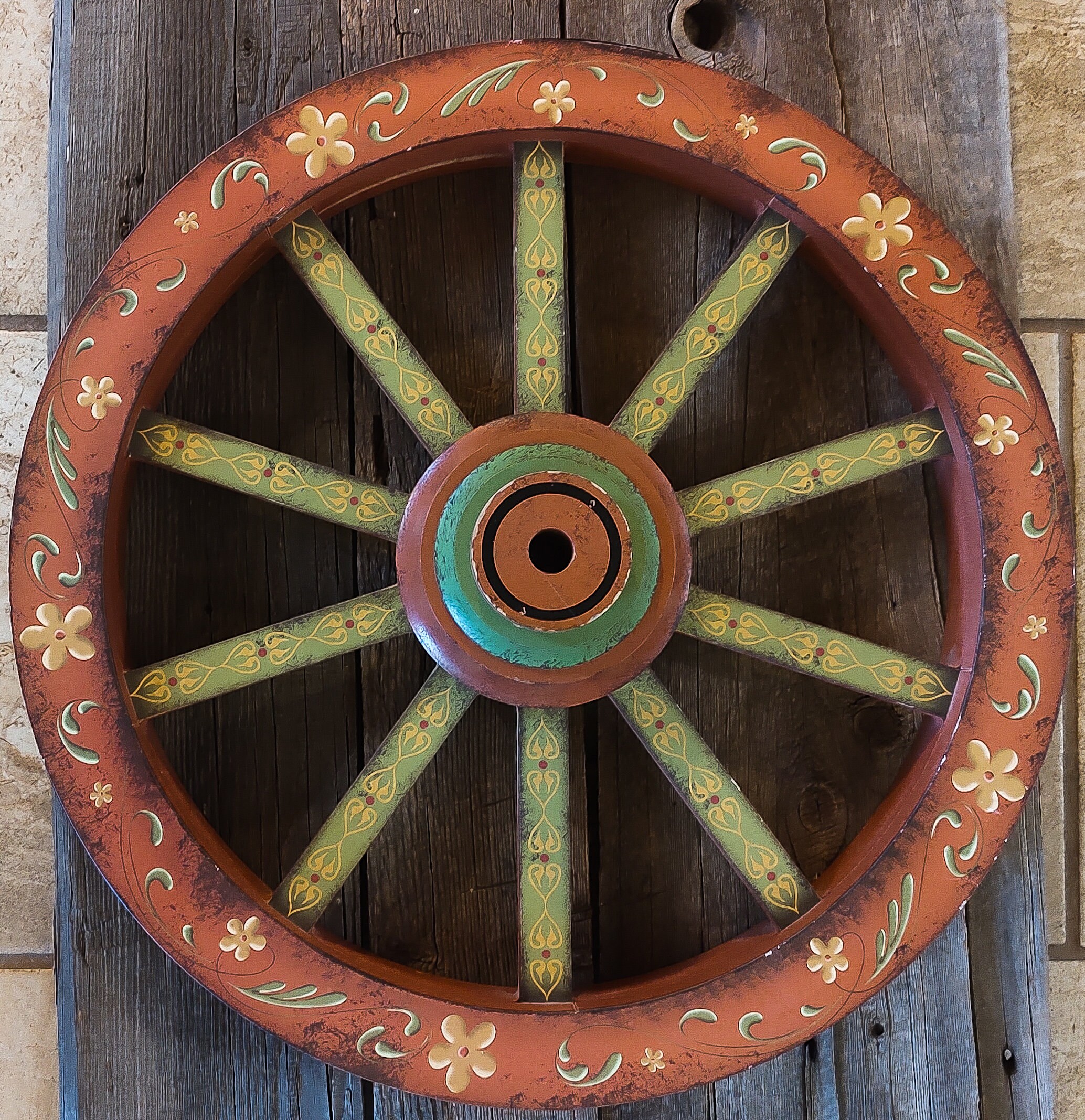 Distressed Wood Wall Decor Painted Wagon Wheel Orange Green Floral Etsy