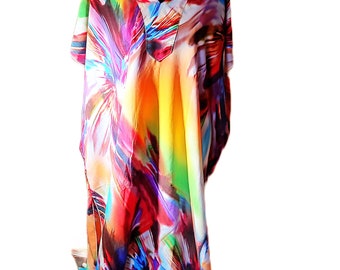 Boho chic tie die kaftan arcoíris multicolor colorido emocionante cubierta de playa ropa de salón