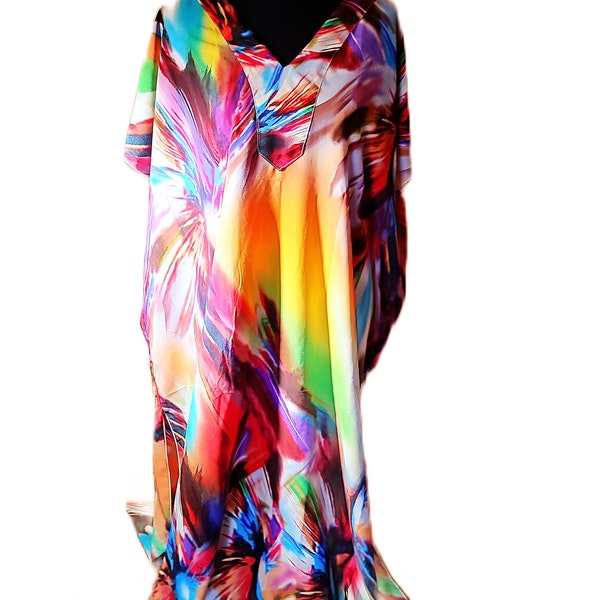 Boho chic tie die kaftan rainbow multicolor colorful exciting beach cover lounge wear