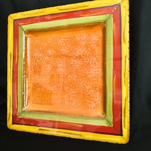 Discontinued Clay Art Toscana Hand Painted Dinner Plate Square Orange Green Red Yellow
