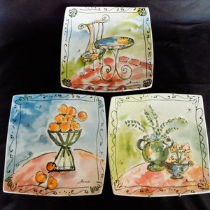 Set of 3 Hand Painted Appetizer Dessert Plates by Cypress Home Bistro Chair, Fruit, Flowers 8 1/2&quot;