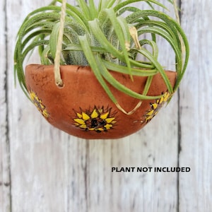 May include: A hanging terracotta planter with a sunflower design, suspended by twine. The planter holds a green air plant. The text "PLANT NOT INCLUDED" is visible at the bottom. The background is a white wooden wall.