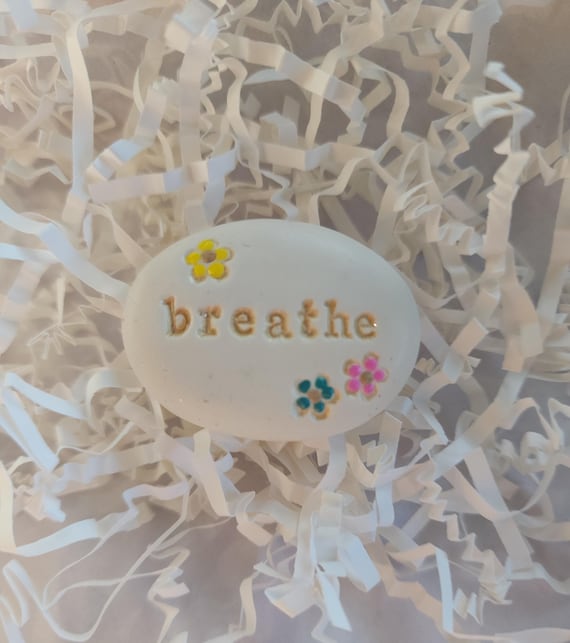 Divorce Gift, Breathe Clay Stone with Stamped Painted Flowers, A Brand-New Beginning