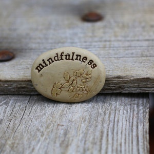 Mindfulness CLAY Stone, Meditation Art, Painted Gold Floral, Oval Hand Stamped