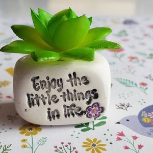 May include: White ceramic planter with a green succulent plant and the text "Enjoy the little things in life".