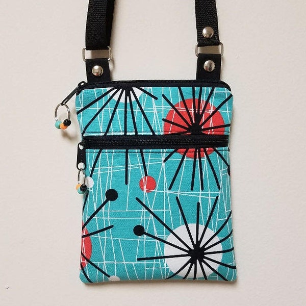 Retro Crossbody Purse, Small Starburst Purse, Aqua, Front Zipper Pocket, 68" Adjustable Strap. Long Over Shoulder Strap, Nylon Lining.