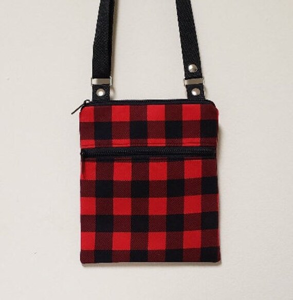 red and black plaid purse