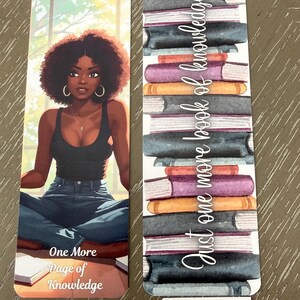 African American Woman Reading Bookmark | “One More Page of Knowledge” | Book Stack Back Design | Book Lover Gift