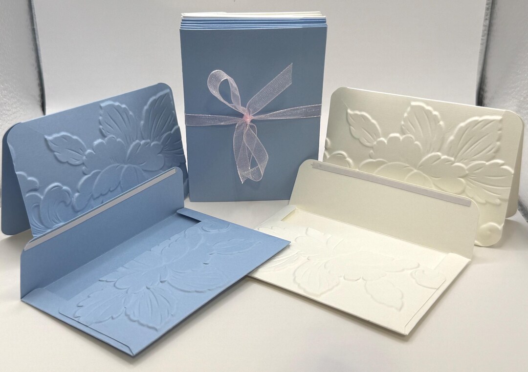 Set of 10 Small Blue and White 3D Embossed Peony Floral Stationery Set ...