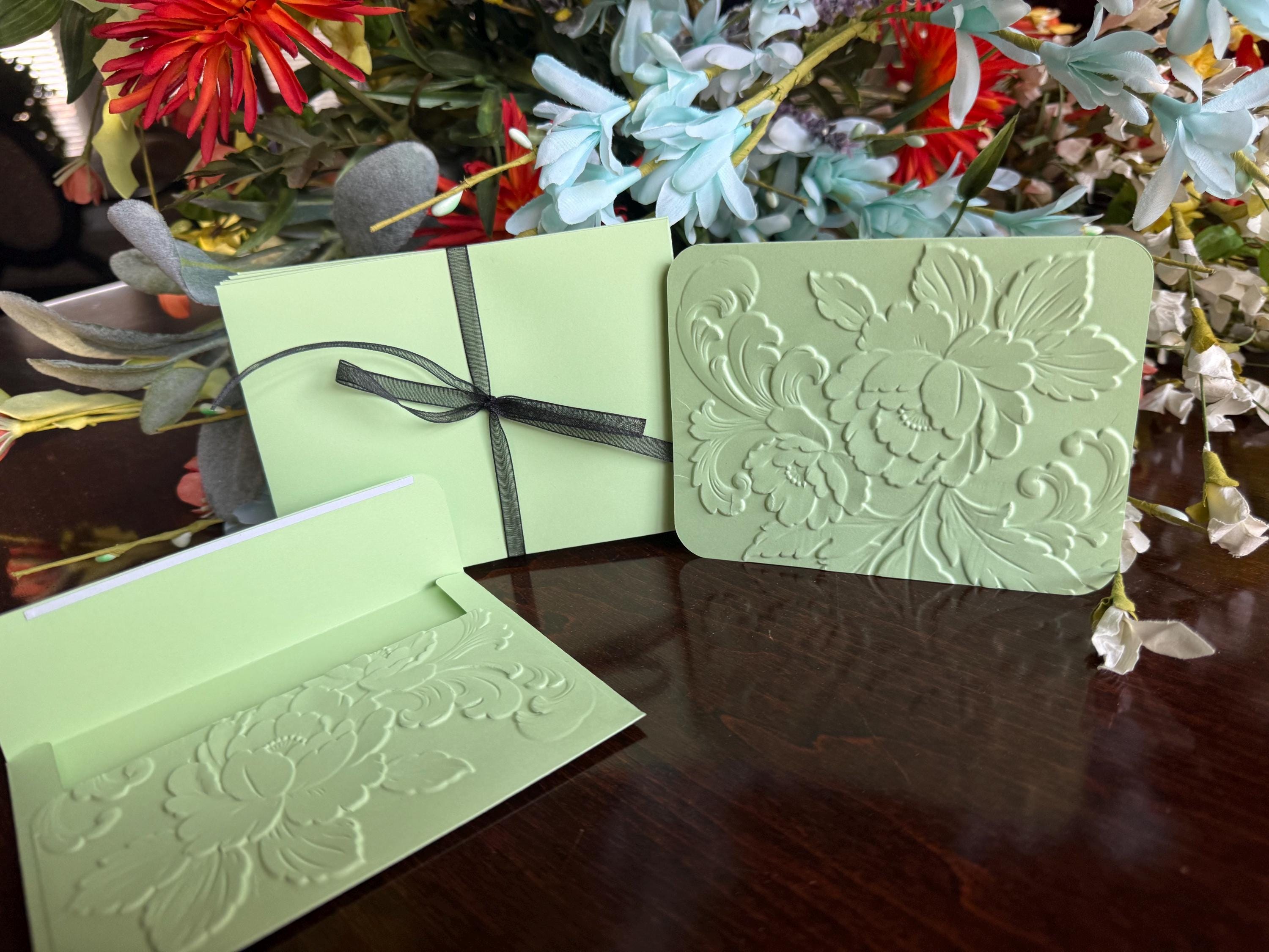 Set of 10 Mailable Light Green Floral 3D Embossed Stationery, Wedding ...